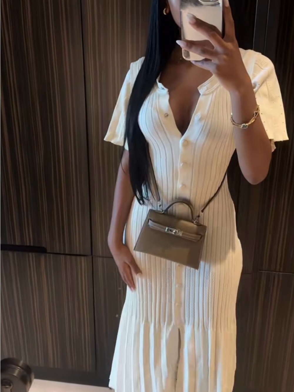 Sandro Cream Button-Front Ribbed Midi Dress